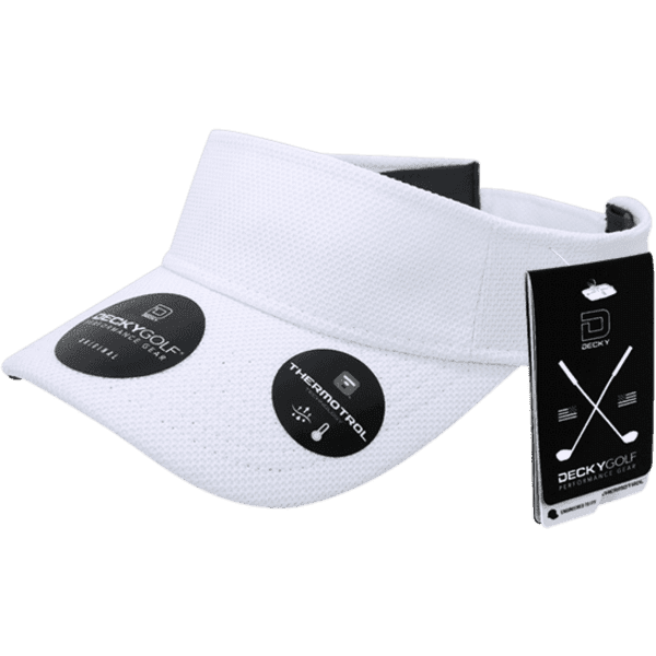 A white visor with a textured pattern, featuring branding and tags, showcasing a sporty design.