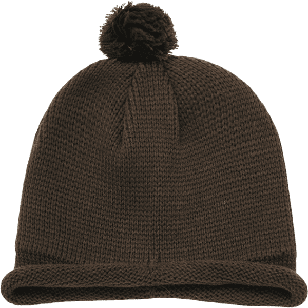A brown beanie with a pom-pom on top and a folded cuff, featuring a logo.