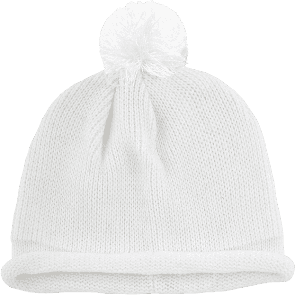 A white knit beanie with a fluffy pom-pom on top, featuring a roll-up cuff. It includes a logo.