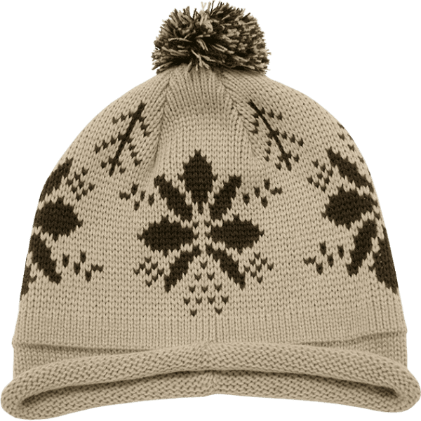 A beige beanie with a snowflake pattern and a pom pom on top, featuring a logo on the side.