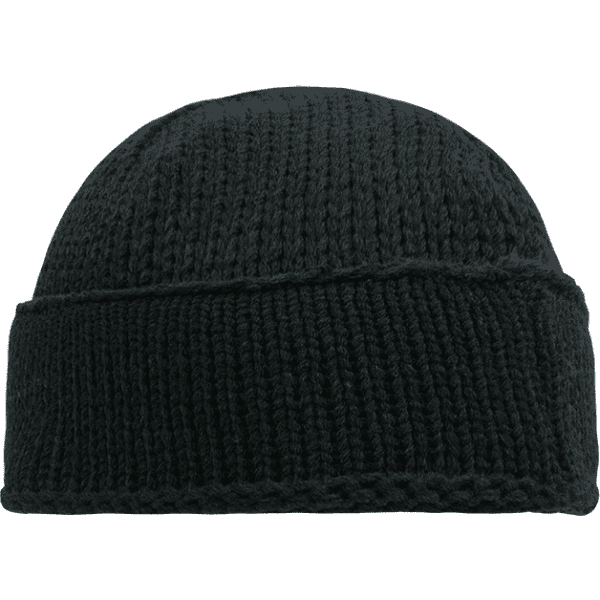 A black knitted beanie with a simple, rounded design. Features a rolled cuff and textured stitching.