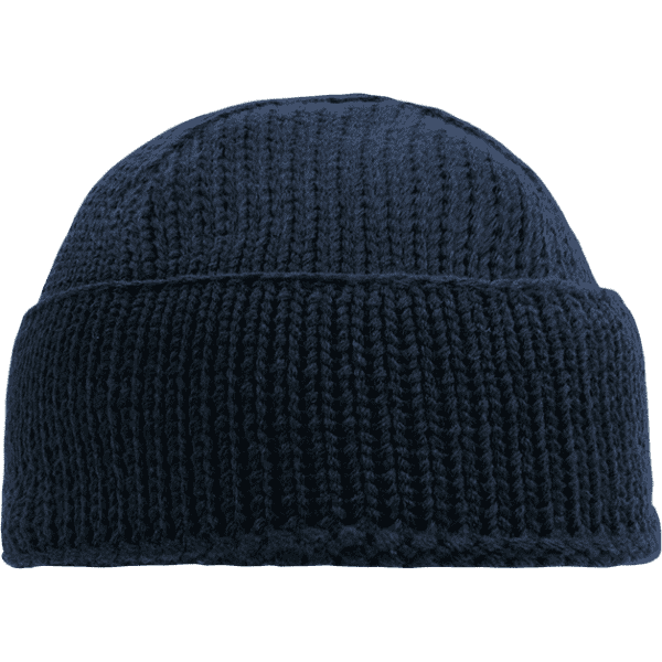 A navy blue beanie with a knitted texture and a folded brim, featuring a simple logo.