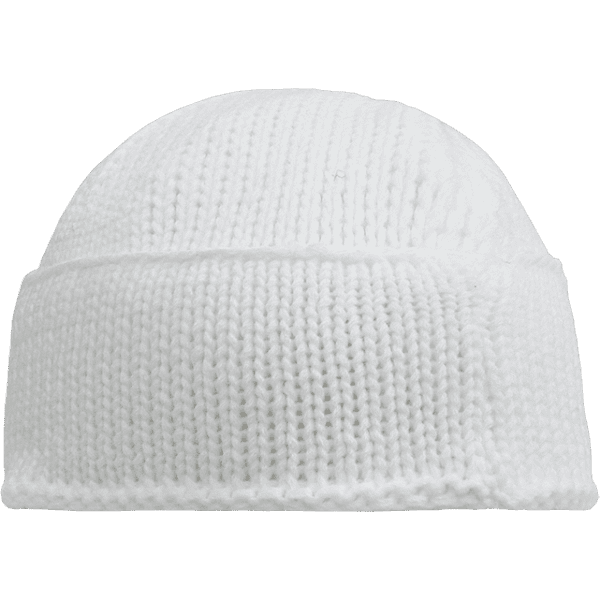 A white knitted beanie with a rounded top and a fold-over cuff, featuring a branding logo.