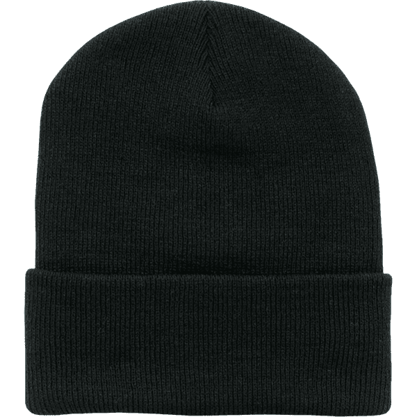A black long beanie with a ribbed texture and a folded cuff, featuring a logo on the side.