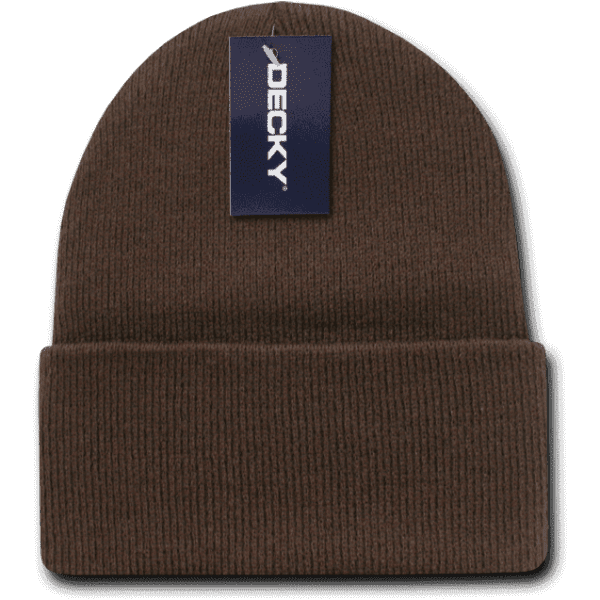 A brown Acry/Poly long beanie with a labelled tag and a folded cuff.