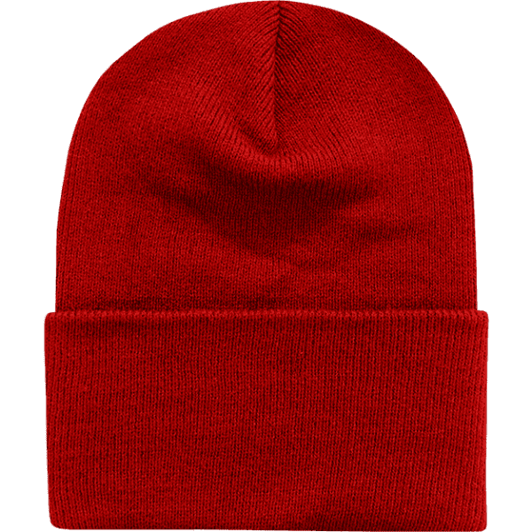 A red knitted beanie with a fold-over brim, featuring a simple design and a logo.