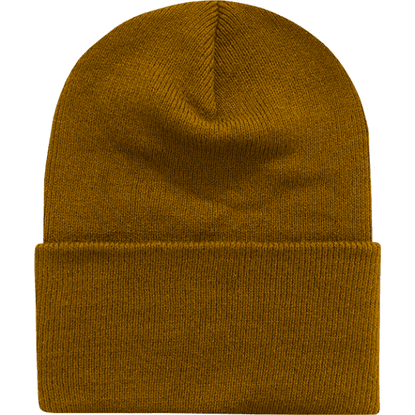 A mustard yellow long beanie with a fold-over cuff, featuring a textured knit design.