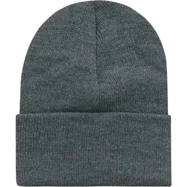 A grey beanie with a folded cuff, made from a blend of acrylic and polyester fabric. Features a logo.