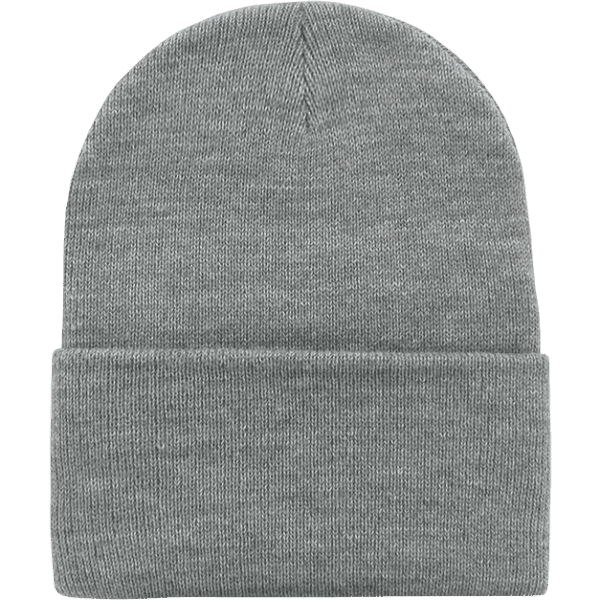 A grey long beanie with a comfortable, knitted design and a fold-up brim.