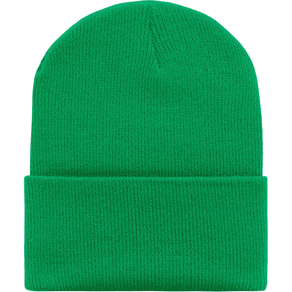 A green Acry/Poly long beanie with a folded cuff and a textured surface. It features a branding logo.