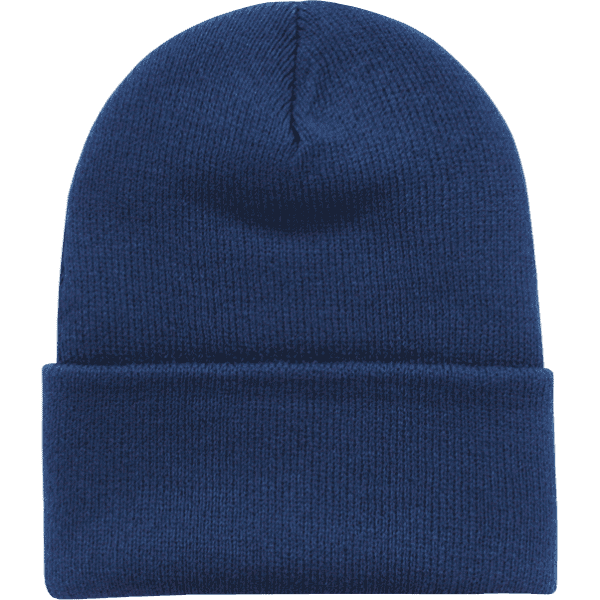 A blue Acry/Poly Long Beanie displayed flat, featuring a folded cuff and smooth texture.