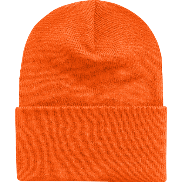 An orange Acry/Poly long beanie with a fold-over cuff, featuring a logo.