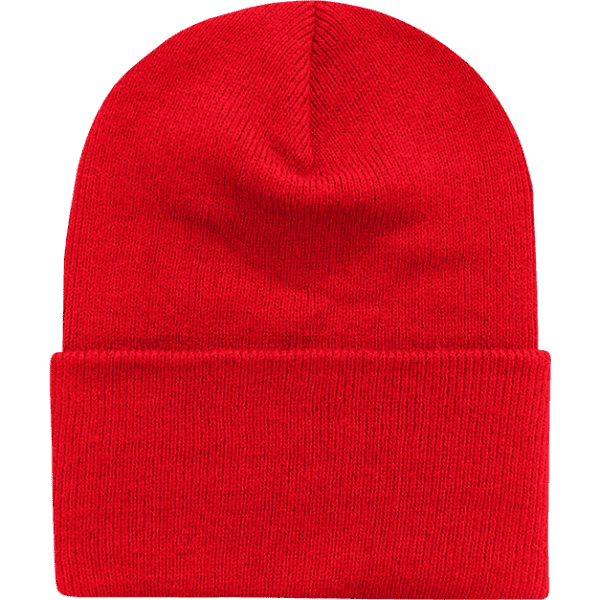A red Acry/Poly long beanie with a simple knit design and a folded cuff. Features a logo.