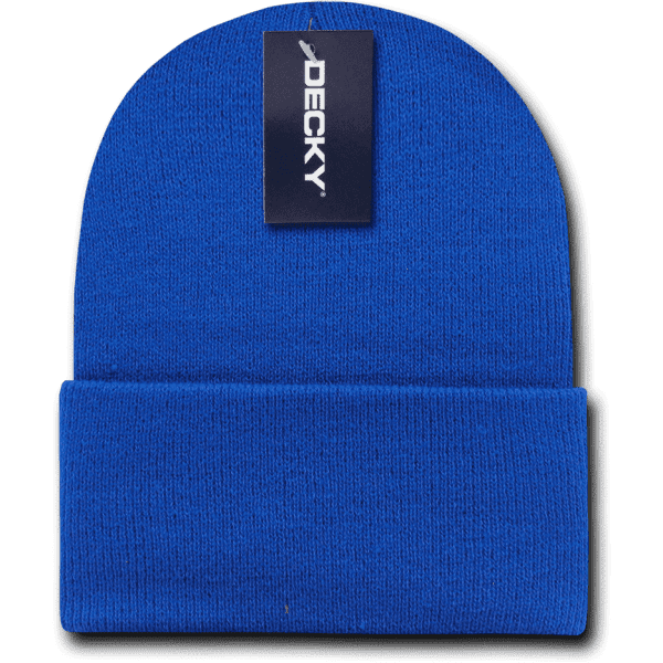 Bright blue Acry/Poly long beanie with a folded brim and a branded tag attached.