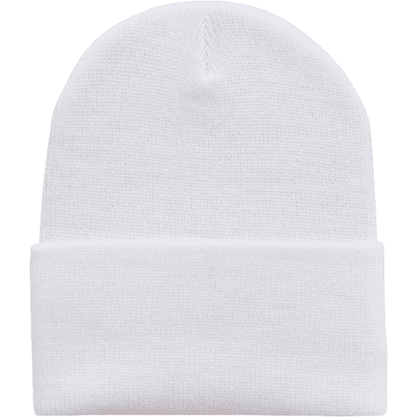 A white Acry/Poly long beanie with a folded cuff. It features a textured knit design and a logo.