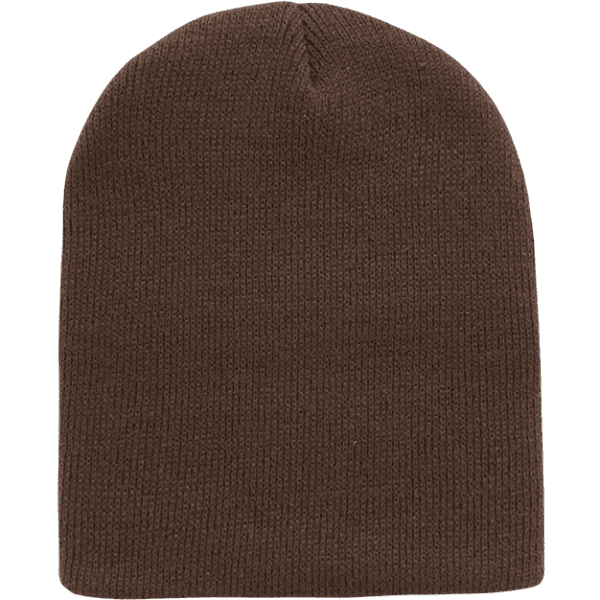 Brown Acry/Poly Short Beanie displayed on a green background, featuring knit texture. Logo positioned on the beanie.