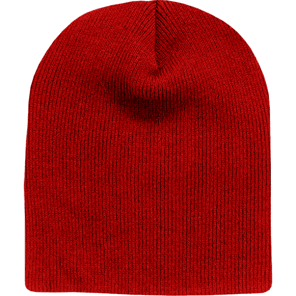 A red short beanie made of acry/poly blend. It features a ribbed texture and a rounded top.