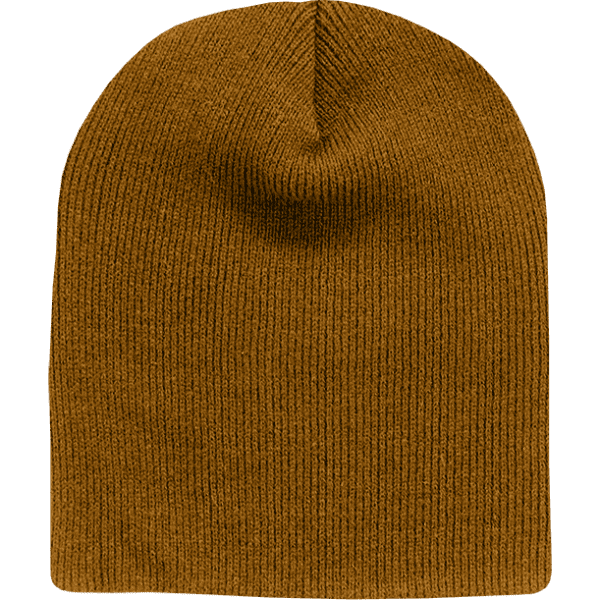 A mustard-coloured beanie with a ribbed texture and a rounded top, featuring a logo.