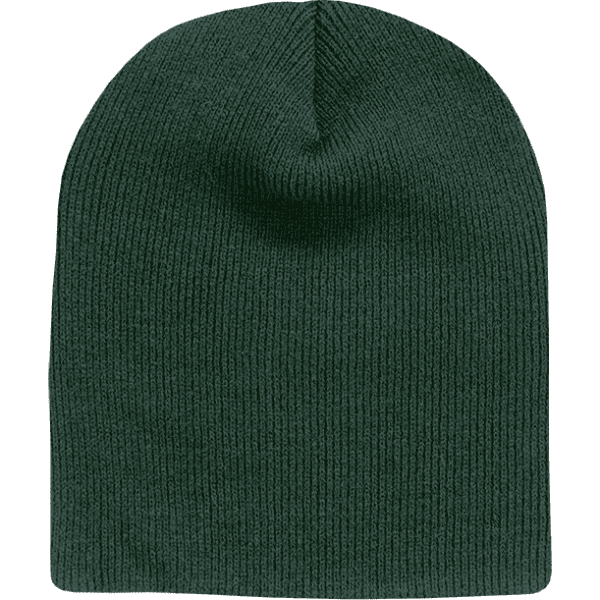 A green beanie with a ribbed texture, featuring a rounded top and no visible logos or branding.