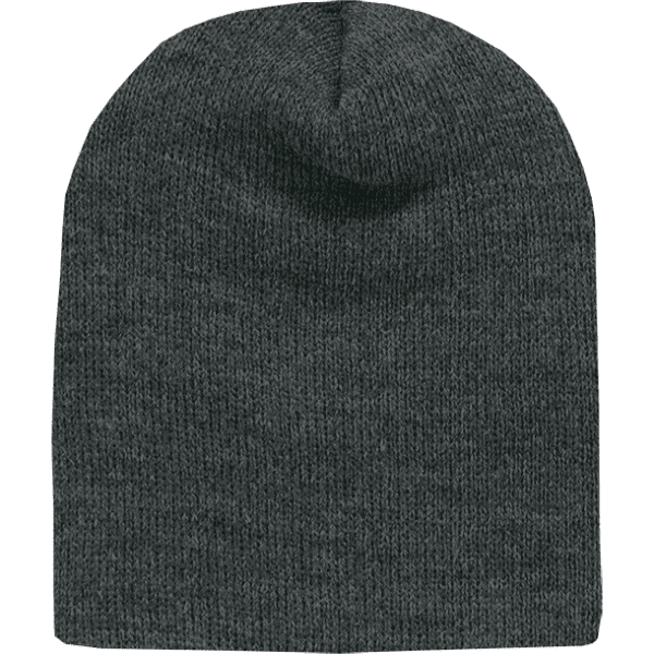 A grey beanie with a textured knit design, featuring a logo on one side.