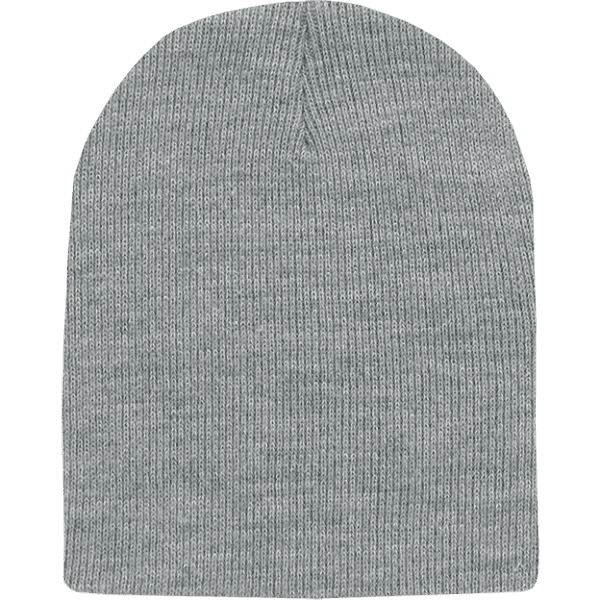 A grey beanie with a textured knit pattern, featuring a rounded top and an unbranded design.