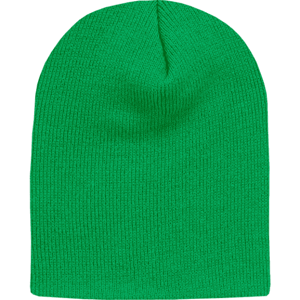 Green Acry/Poly short beanie with a ribbed texture and a slightly pointed top. Includes a logo.