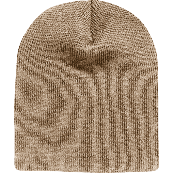 A beanie in a light brown colour made from a textured fabric, featuring a branding logo.