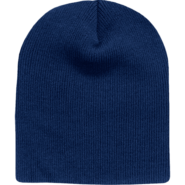 Acrylic/polyester navy beanie, featuring a ribbed texture and a rounded top. Includes a logo.