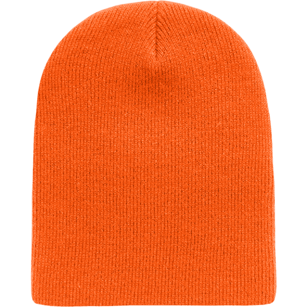 An orange beanie with a ribbed texture and a rounded top, featuring a logo on the side.