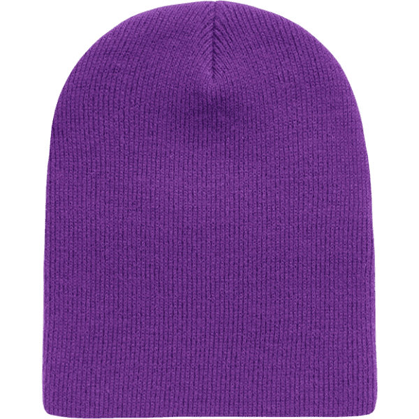 A purple Acry/Poly short beanie with a soft ribbed texture, featuring a branded logo.