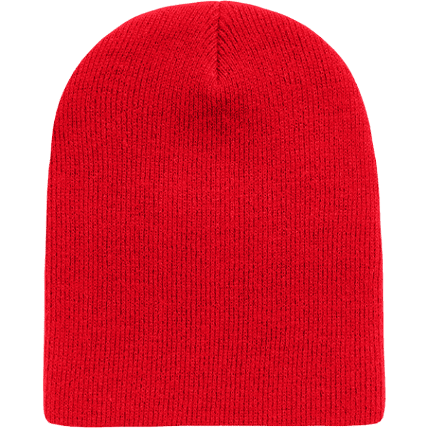 A red beanie made from acry/poly blend, offered in a simple, unadorned design.