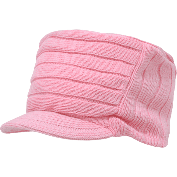 A pink knitted flat top cap with a visor, featuring a textured ribbed design. It has a branding logo on it.