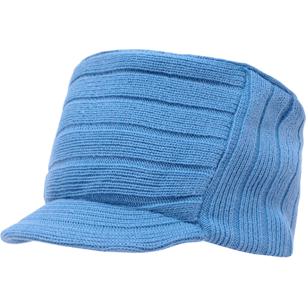 A blue knitted flat top cap with a visor, featuring a textured design and stitched detailing.