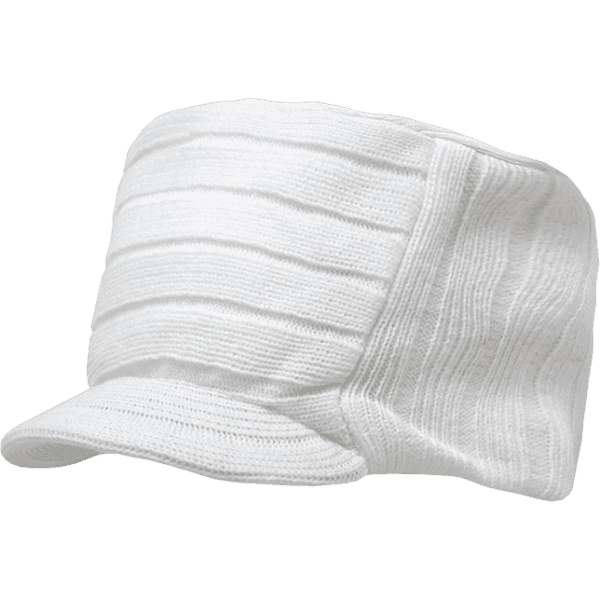 A white knitted flat top cap with a visor and textured design. The cap features a logo on the side.
