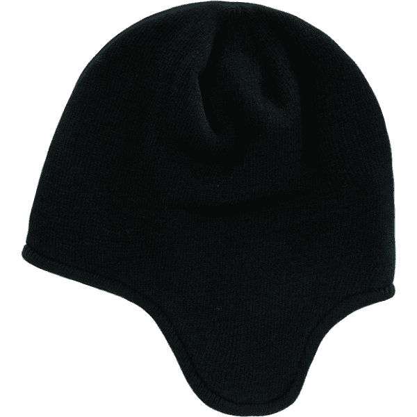 A black beanie with a unique design, featuring a chin strap and snug fit for warmth. It has a logo present.