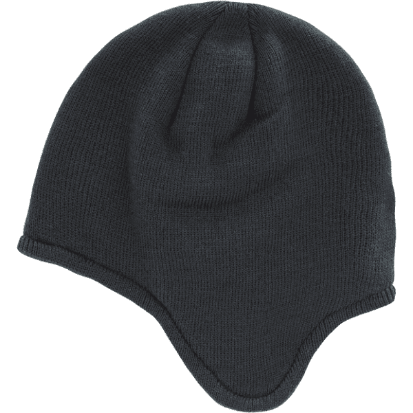 A dark blue beanie with a unique helmet design and snug fit. It features a simple, seamless structure and ribbed edges.