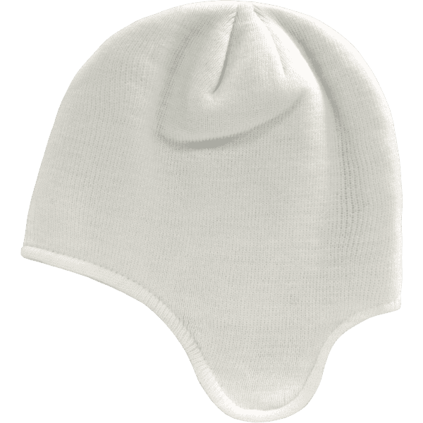 A white beanie with a helmet-like design, featuring a snug fit and a small top point.