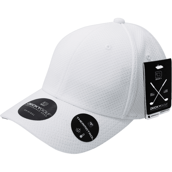 A white cap featuring a dimple pattern, with tags and a logo. Suitable for headwear promotions.