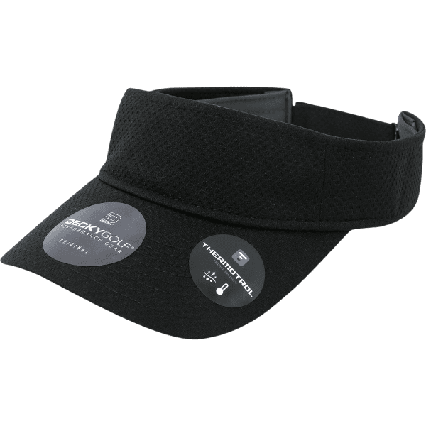 A black dimple patterned sun visor with a wide brim and adjustable band. Features branding and product details.