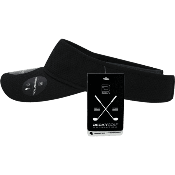 A black dimple patterned sun visor with a tag attached, featuring a logo.