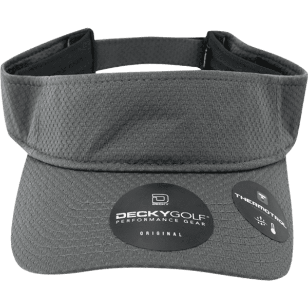 A grey dimple patterned sun visor featuring a logo and tags, designed for performance gear.