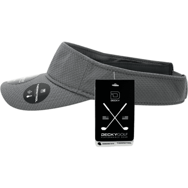 A grey dimple patterned sun visor with an adjustable strap and a tag featuring a logo.