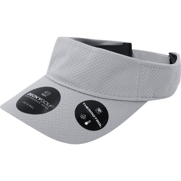 A dimple pattern sun visor in light grey, featuring a logo and tags attached.