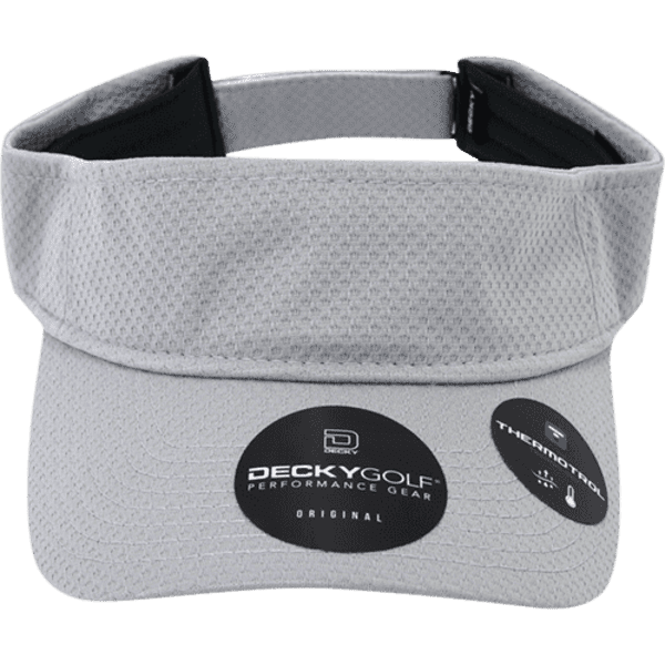 A grey dimple patterned sun visor featuring a logo and a sweatband for comfort.