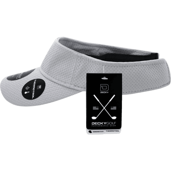 A grey visor with a dimple pattern, featuring a branded tag and black accents.