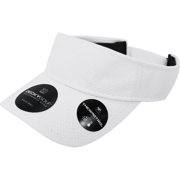 A white sun visor featuring a dimple pattern and a logo, with tags indicating features and brand.