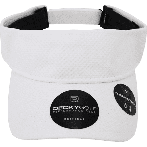 A white sun visor with a dimple pattern, featuring a logo and branding details on the side.