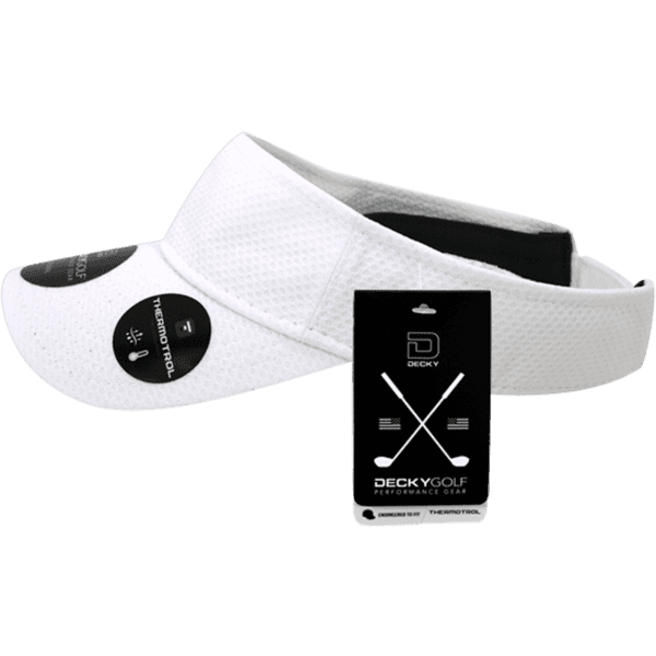A white Dimple Patterned Sun Visor featuring a logo and an attached packaging tag.