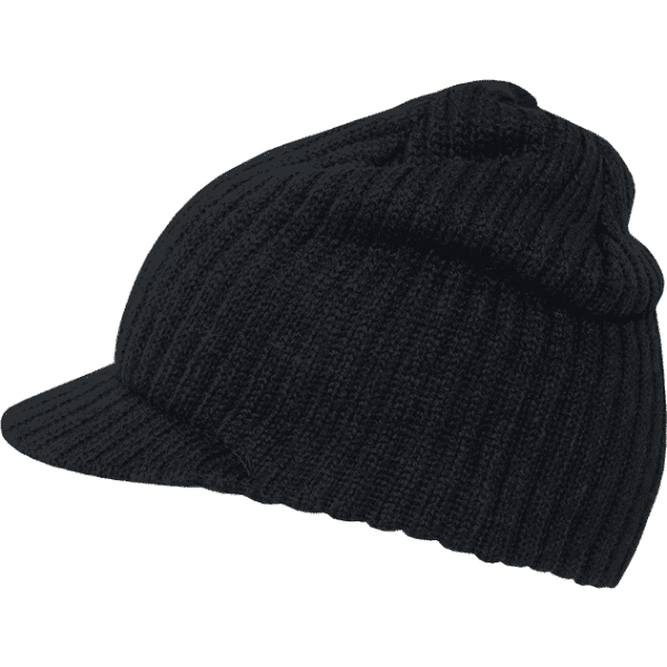 A black knitted beanie with a peaked cap style and a folded brim, featuring a textured finish.