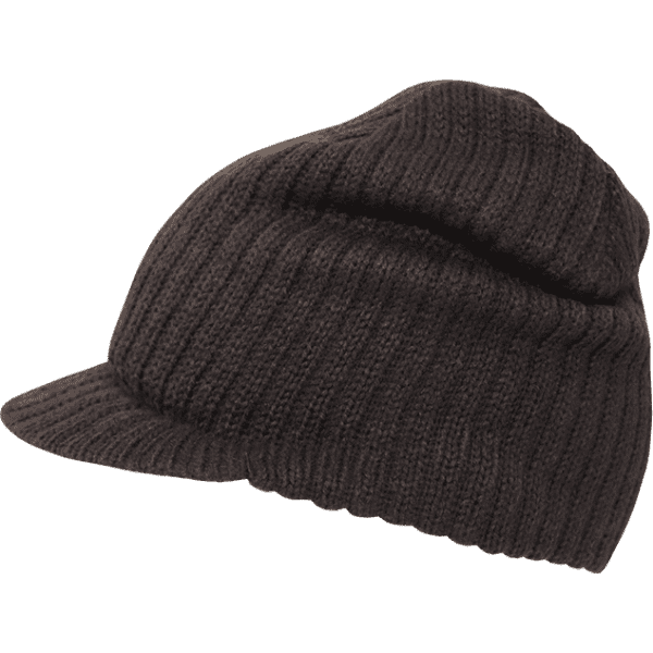 A black knitted beanie with a visor, featuring a ribbed texture and a folded band. It has a simple design and no visible branding.